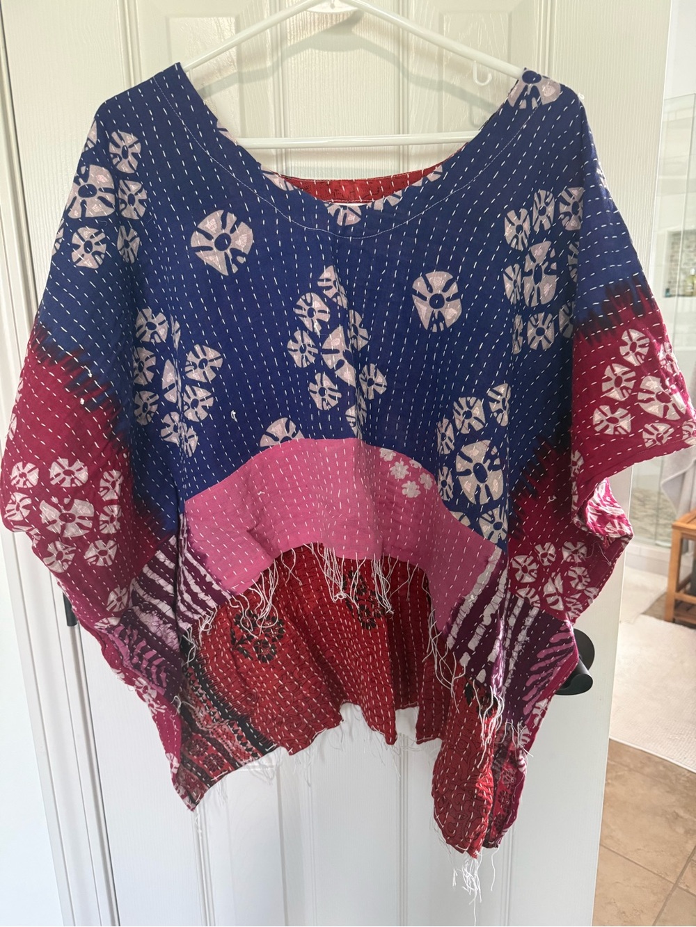 Boho Kantha Fringe hi-lo Top in Navy, Pink & Red